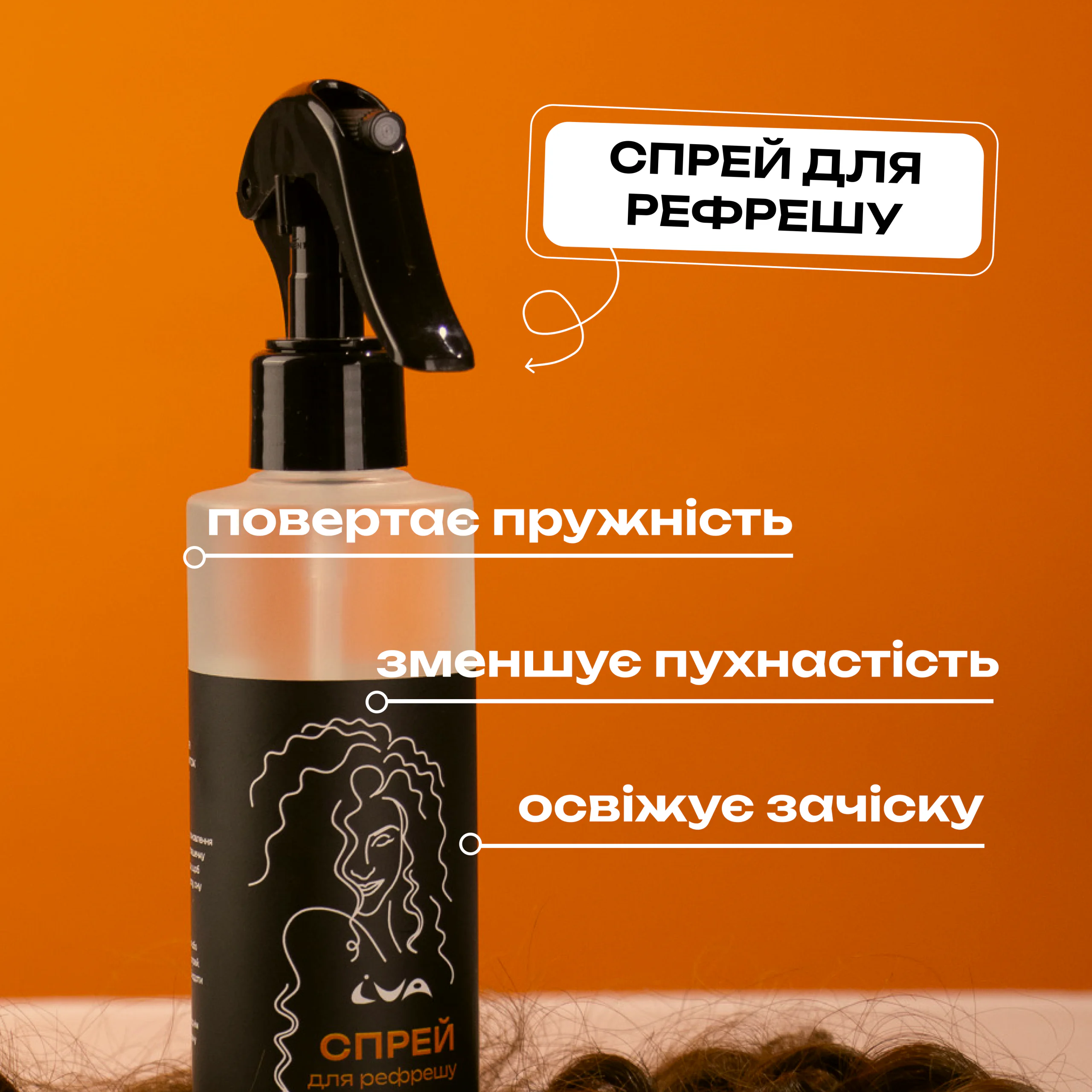 Особливості та переваги спрею для рефрешу завитків IVA Cosmetics інфографіка